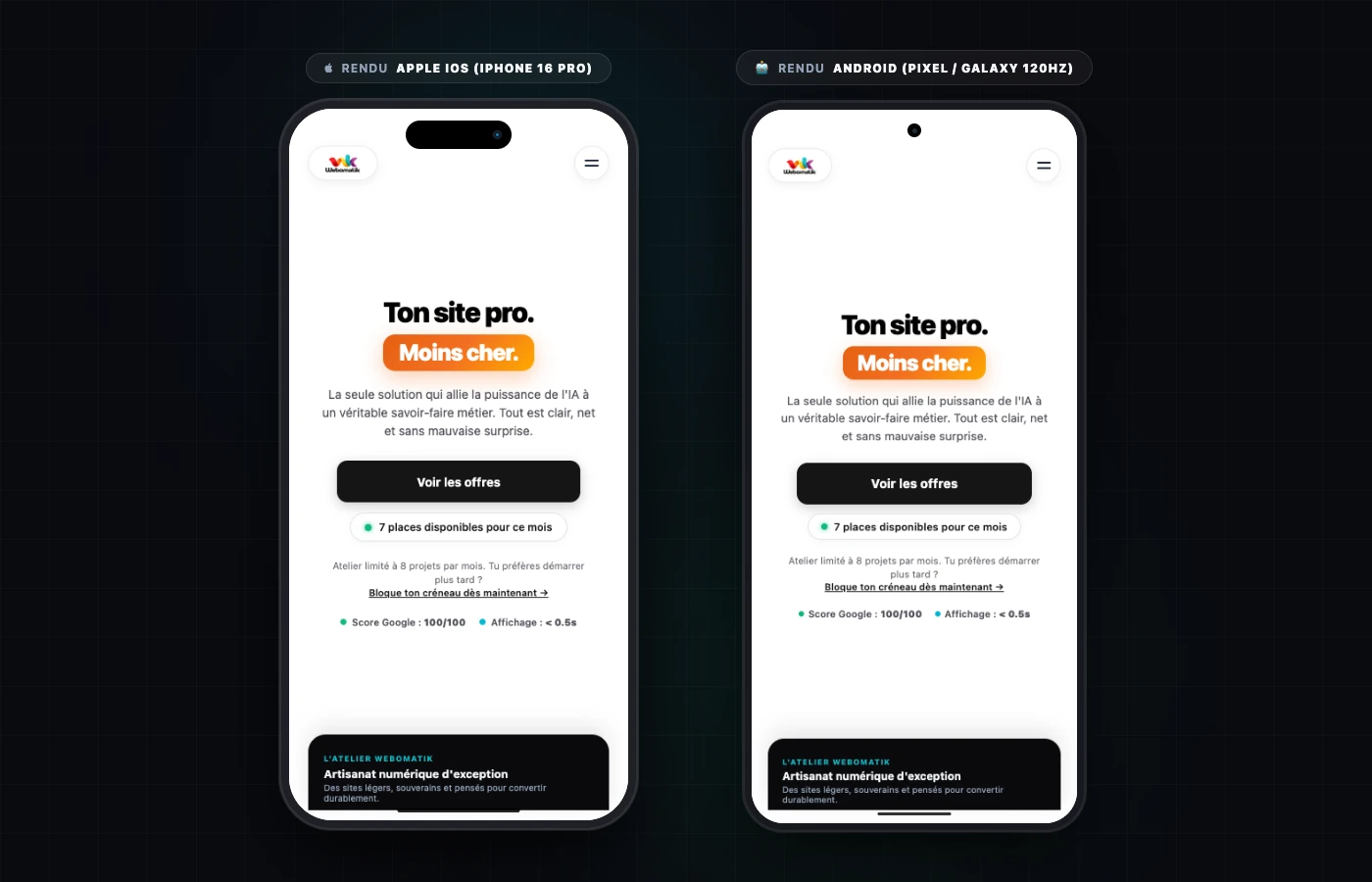 Rendu mobile fluide Webomatik sur iOS iPhone 16 Pro et Android Google Pixel